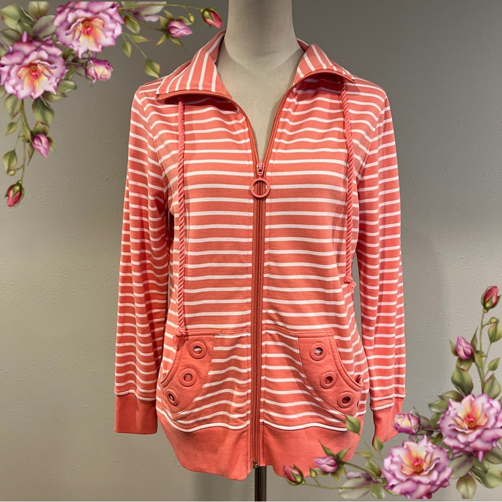 Coral Bay long sleeve Striped stretchy hooded zip up Top